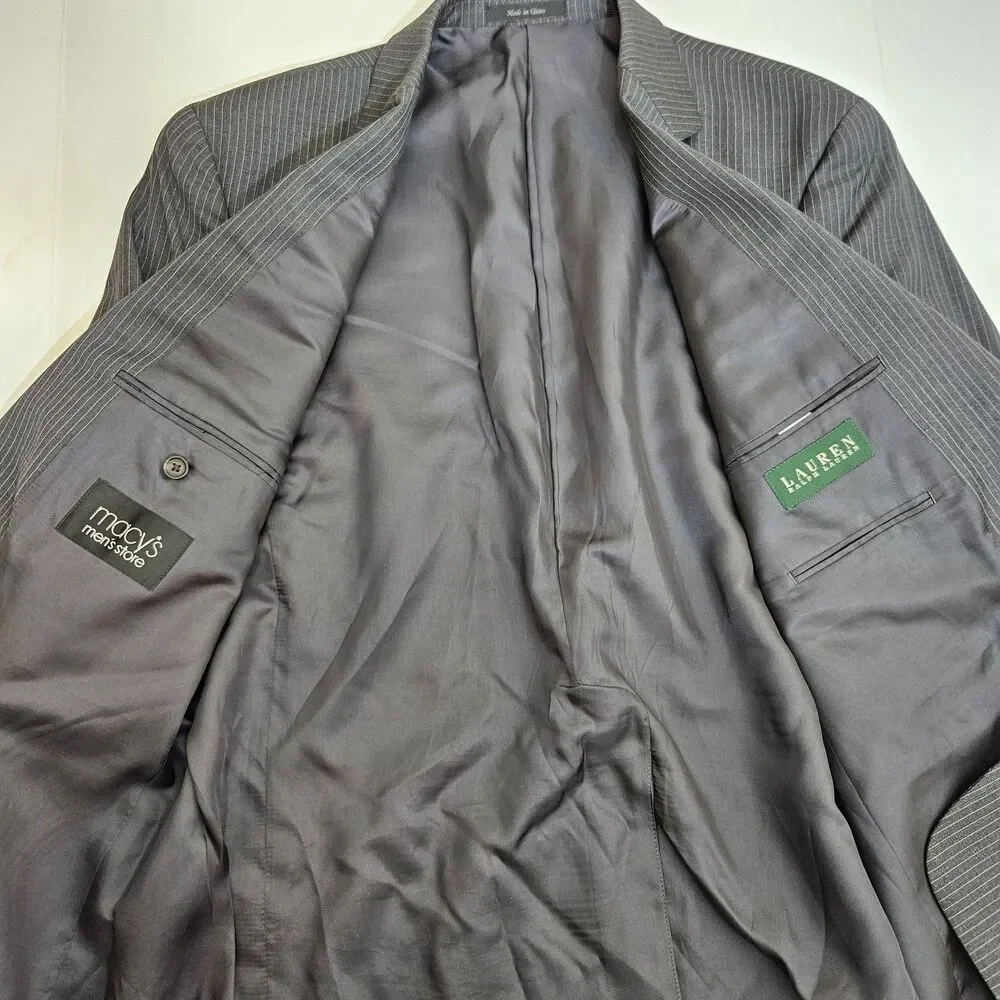 Ralph Lauren Mens Blazer 42R Gray 2 Button 100 Wool Pinstripe Jacket Green Label